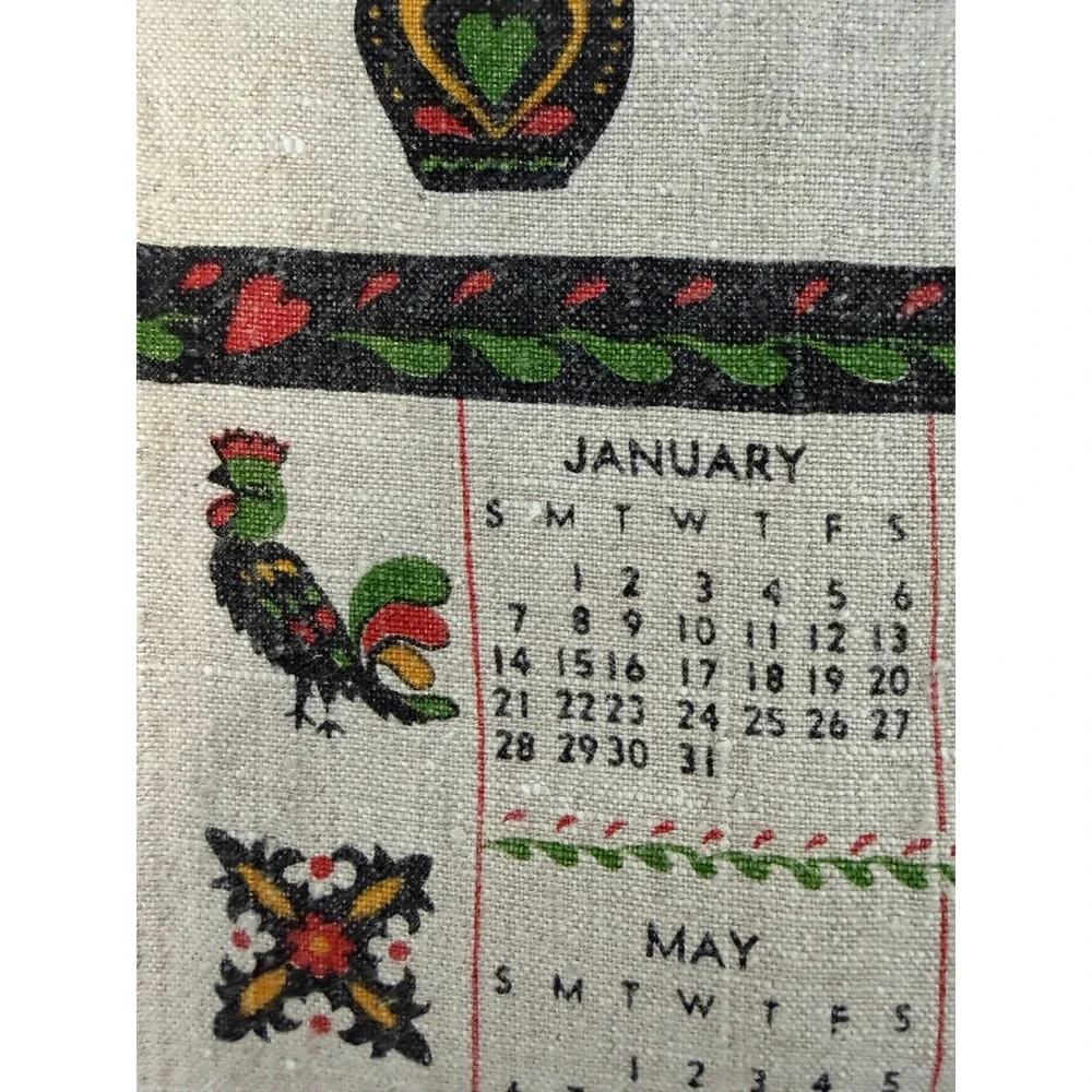 VTG 1973 Parisian Print Linen Kitchen Calendar Tea Towel Amish Dutch Country